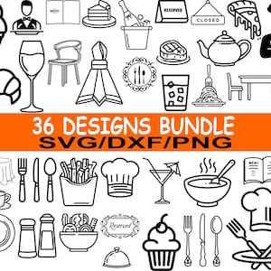 May include: A collection of 36 black and white restaurant-themed designs, including food items, kitchen tools, and dining elements. The designs include a menu, chef's hat, and the text "36 DESIGNS BUNDLE SVG/DXF/PNG".