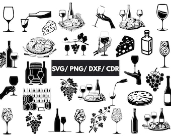 Wijn en kaas Svg / wijn Dxf-bestanden / Vineyard Png / Winery Bundle Cdr / Grape svg / Wijnproeverij svg / Grapevine svg / Commercieel gebruik