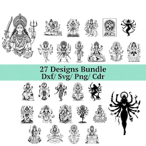 May include: A bundle of 27 black and white designs depicting Hindu deities. The illustrations show goddesses and gods in various poses, often with multiple arms and holding objects. The text "27 Designs Bundle Dxf/ Svg/ Png/ Cdr" is included in the image.