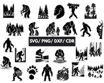 Pacchetto SVG Bigfoot Clipart Sasquatch / Silhouette Yeti / File di taglio Bigfoot per Cricut / Disegni di avventure in campeggio / SVG foresta / Commerciale