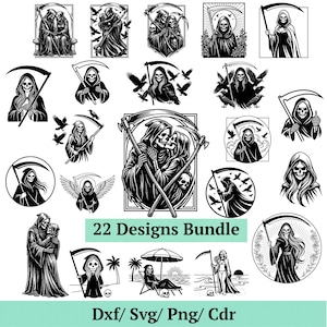 Könnte beinhalten: Eine Sammlung von 22 schwarz-weißen Designs des Sensenmanns. Die Illustrationen zeigen den Sensenmann in verschiedenen Posen, einige mit Sensen, und umgeben von Krähen. Der Text "22 Designs Bundle" ist enthalten.