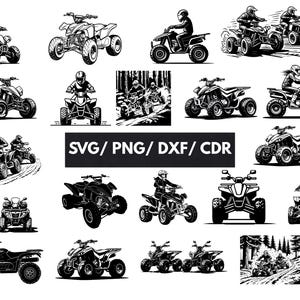 May include: A collection of black and white illustrations depicting quad bikes in various action poses, some with riders. The image includes the text "SVG / PNG / DXF / CDR".