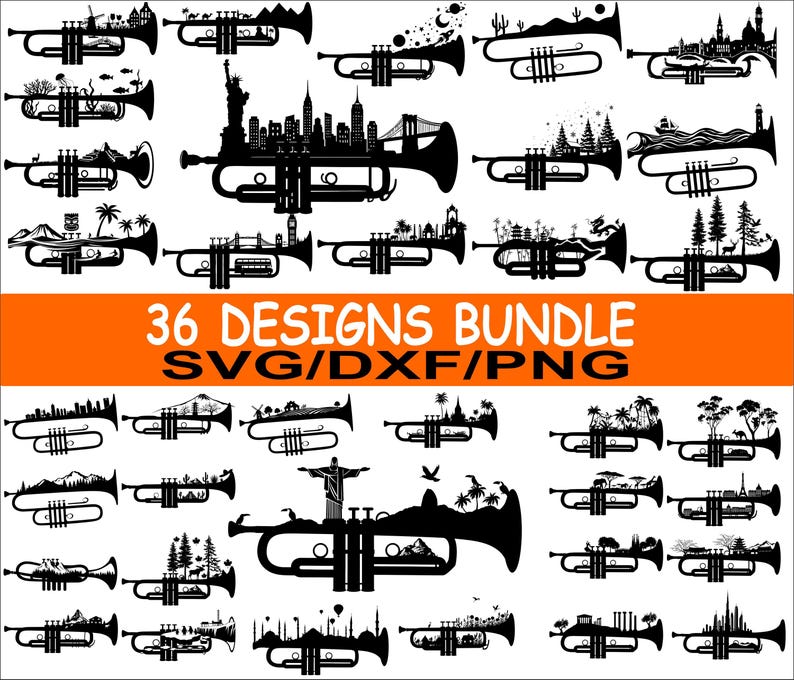 Trumpet SVG Bundle 36 Designs, Music Instrument Svg, Trumpet Cityscape ...