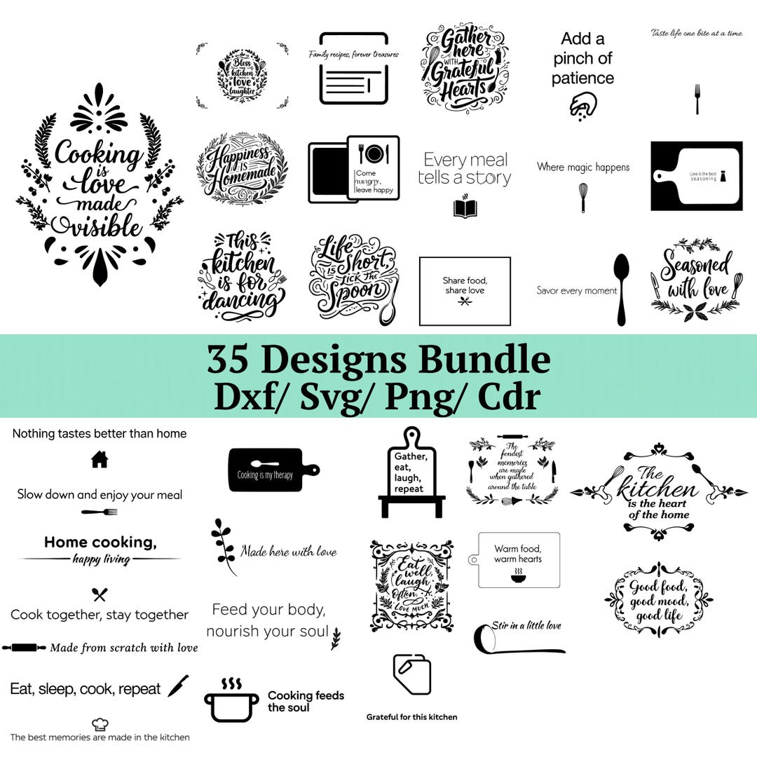 Kitchen Quotes SVG Bundle, 35 Cooking & Food Lettering Designs, Baking ...