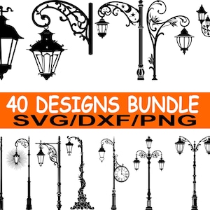 以下が含まれることがあります： 40種類の黒いシルエットデザインの、装飾的な街灯とランタンのコレクション。クラシックから装飾的なものまで、さまざまなスタイルが含まれており、オレンジ色のバナーに「40 DESIGNS BUNDLE SVG/DXF/PNG」の文字があります。