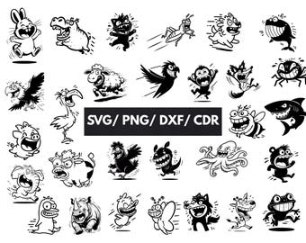 Paquete SVG de animales divertidos, archivos SVG de animales lindos y extravagantes, arte vectorial SVG, PNG DXF CDR, caras de animales de granja de dibujos animados SVG para corte láser