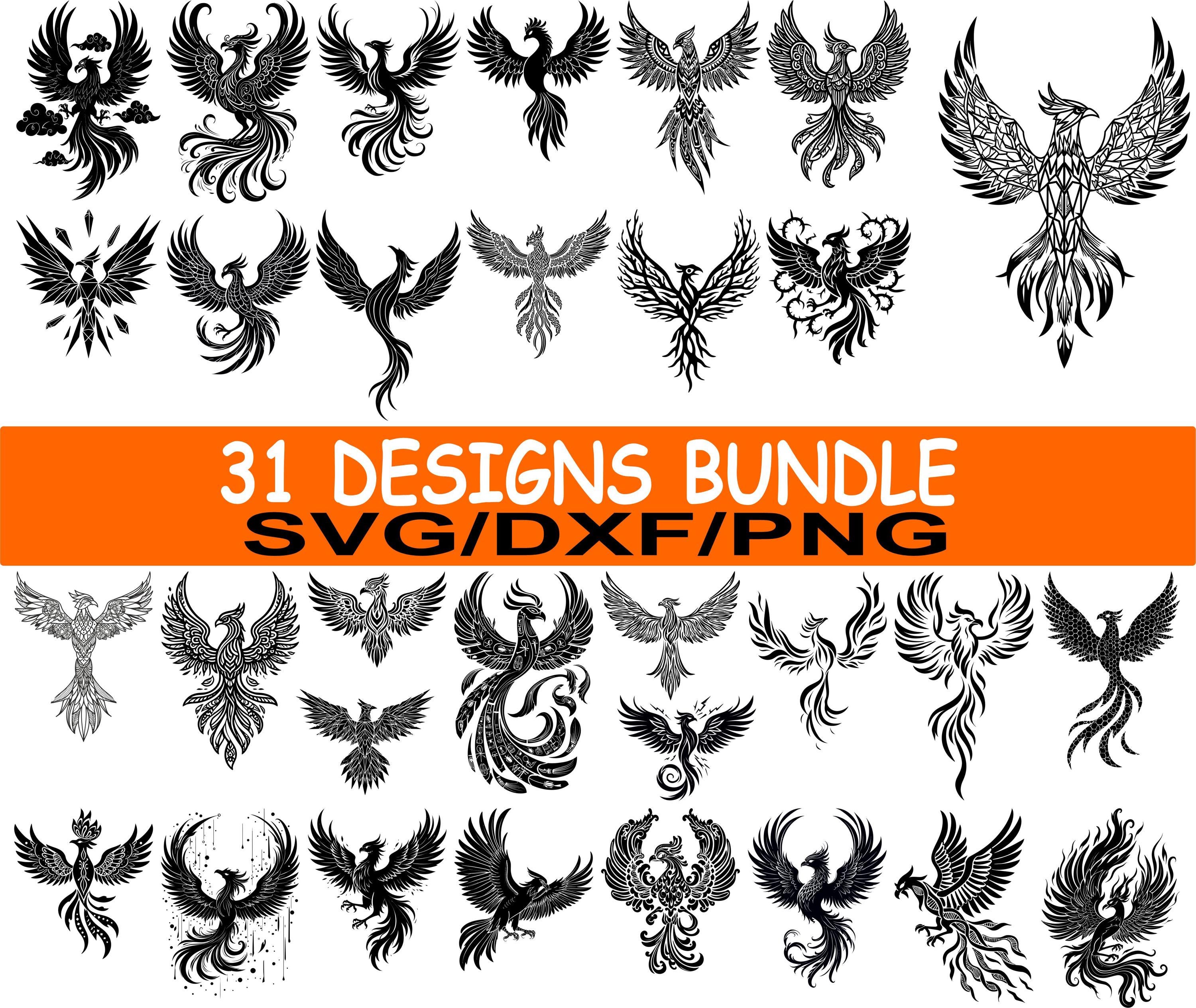 Tribal Phoenix Svg Dxf Png Collection 31, Rising Fire Bird Tattoo Style ...