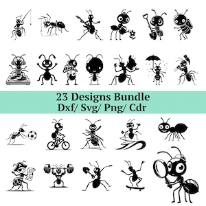 May include: A bundle of 23 black and white ant designs in different activities, such as playing music, using a camera, and skateboarding. The text "23 Designs Bundle Dxf/ Svg/ Png/ Cdr" is displayed in the centre.