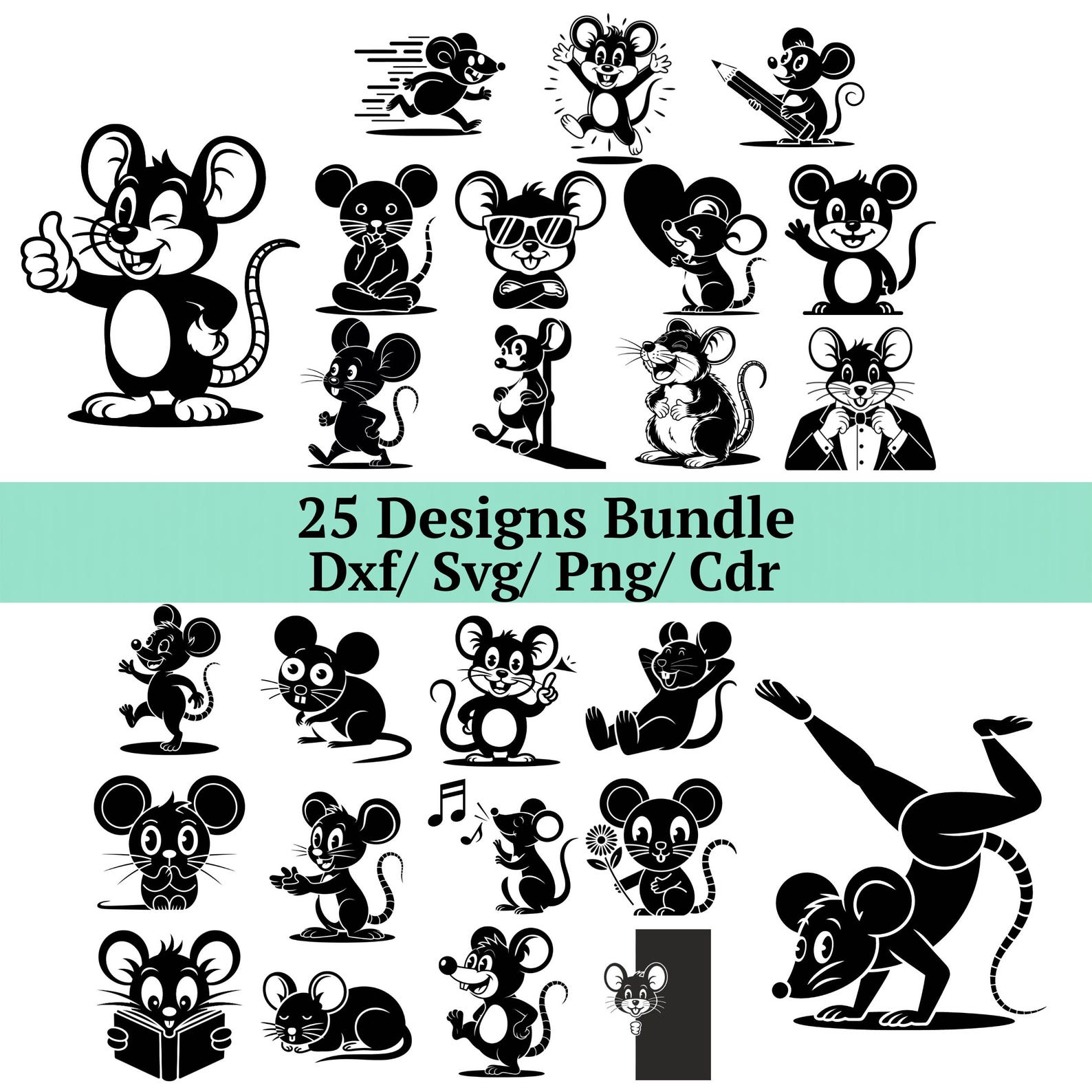 Cute Mouse SVG DXF Bundle, 25 Cartoon Mouse Characters, Reading ...