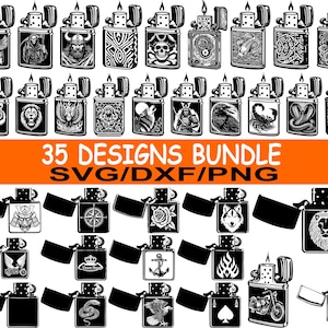 May include: A collection of black and white lighters with various designs, including skulls, animals, and patterns. The image also includes the text "35 DESIGNS BUNDLE SVG/DXF/PNG" in an orange rectangle.