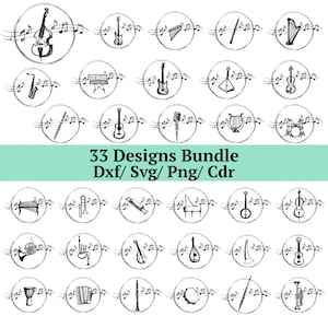 May include: A bundle of 33 musical instrument designs. Each design is a black and white sketch of a different instrument, like a violin, guitar, and piano, within a circle with musical notes. The text "33 Designs Bundle" is included.