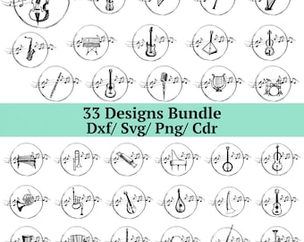 Musical Instrument SVG Bundle, 33 Music Note Silhouette, Orchestra Laser Cut Files, Guitar Violin Piano Clipart, Musician Wall Art DXF