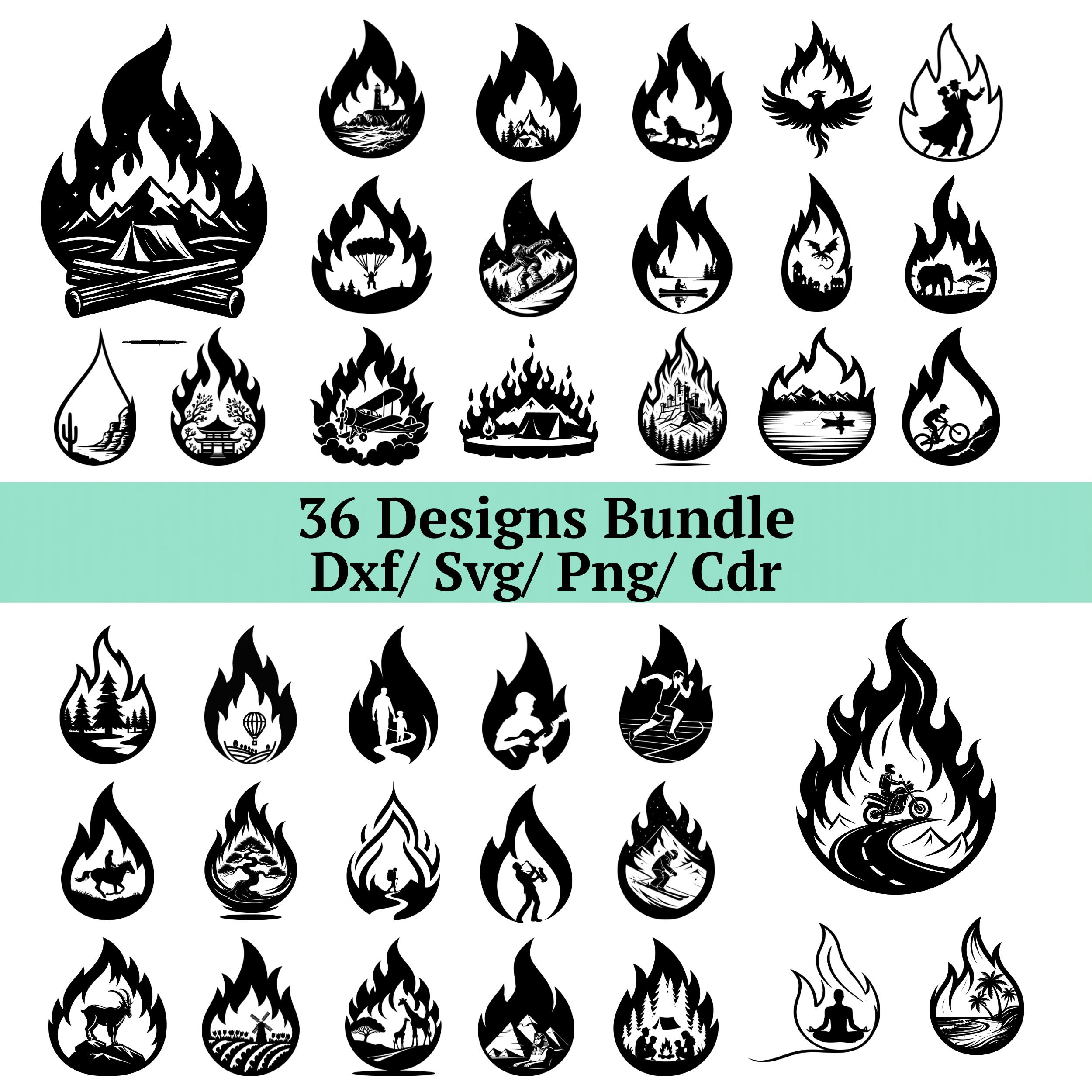 Flame Scene SVG Bundle, 36 Fire Silhouette Designs, Extreme Sport ...