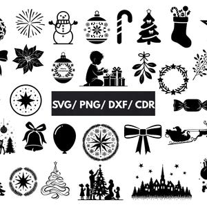 31 fichiers Svg de Noël, joyeux Noël, décorations de Noël, Dxf de Noël, Svg d'arbre de Noël, père Noël, fichiers découpés pour les fêtes