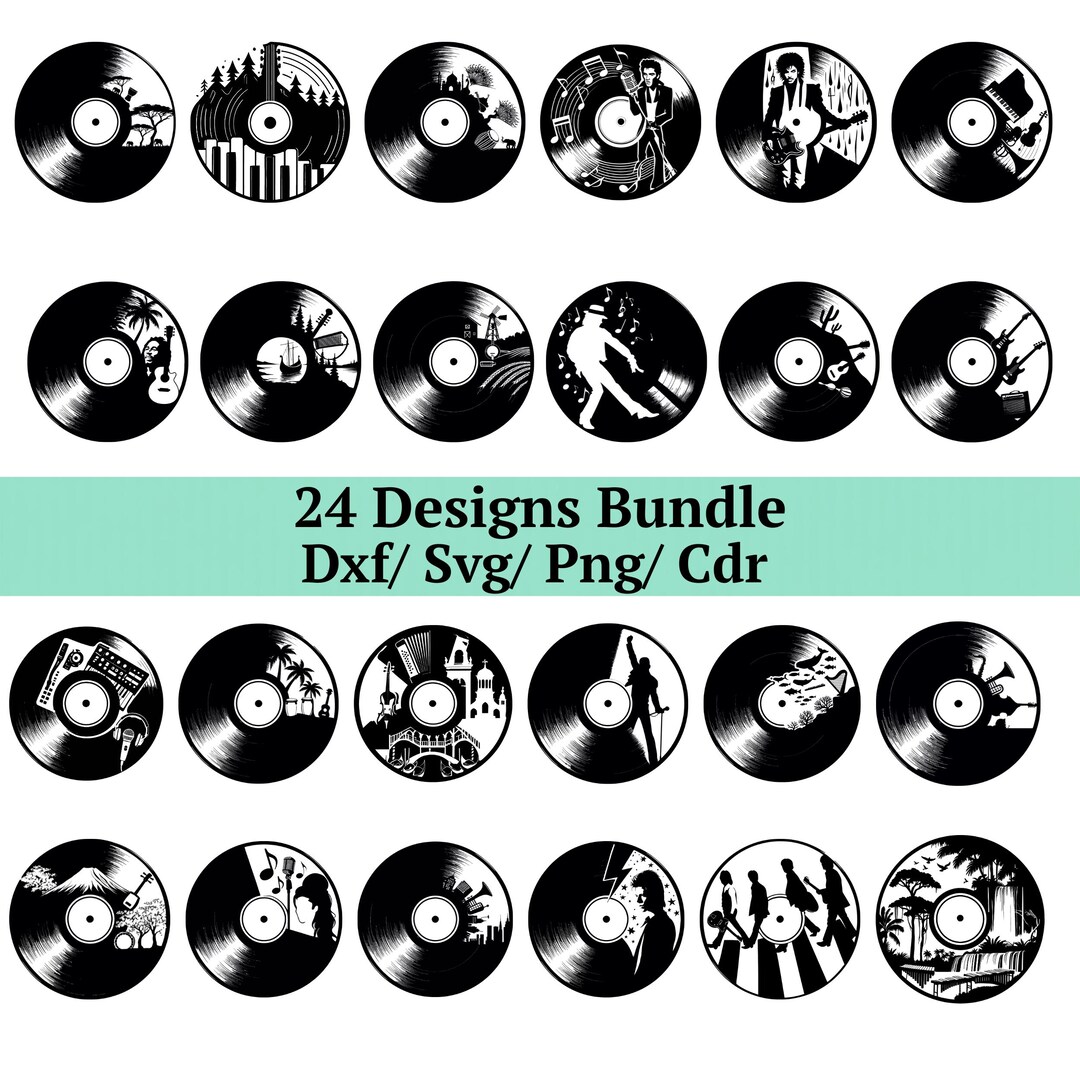 Vinyl Record SVG Bundle 24 Designs, Retro Music Wall Art Svg, Png, Dxf ...