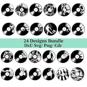 Könnte beinhalten: Eine Sammlung von 24 schwarzen Vinyl-Schallplatten-Designs, jedes mit einem einzigartigen Silhouette-Design. Die Designs umfassen Musikinstrumente, Landschaften und Figuren. Der Text "24 Designs Bundle Dxf/ Svg/ Png/ Cdr" wird angezeigt.