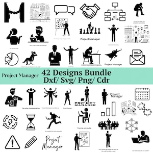 May include: A collection of 42 black and white project management design icons. The icons depict various business scenarios, including teamwork, problem-solving, and communication. Text on the image reads "42 Designs Bundle Dxf/Svg/Png/Cdr" and "Project Manager".