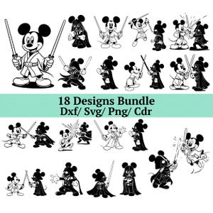 May include: A collection of 18 black and white digital designs featuring Mickey Mouse in various poses, some with lightsabers and dressed as Darth Vader. The text "18 Designs Bundle Dxf/ Svg/ Png/ Cdr" is included.