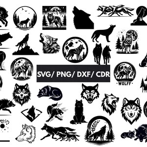 Könnte beinhalten: Eine Sammlung von schwarz-weißen Wolfsillustrationen in verschiedenen Posen. Die Designs zeigen Wölfe, die den Mond anheulen, rennen und in Naturszenen stehen. Der Text "SVG / PNG / DXF / CDR" ist ebenfalls vorhanden.