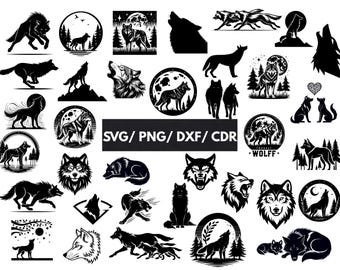 Wolf Scenes Bundle 35 SVG, Wolf SVG, Howling wolf svg, Nature DXF, Cricut Svg, Wolf Head Png, Laser cut files, Howling Wolf svg, Wolf cdr