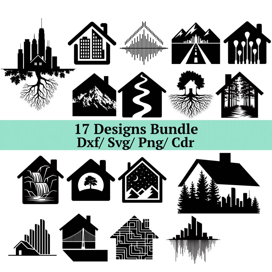 House Silhouette SVG DXF Bundle, 17 Home Nature Designs, Cabin Mountain ...