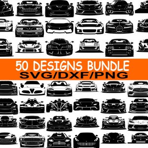 以下が含まれることがあります： 白黒の車のデザイン50種類をグリッド状に配置した画像。スポーツカーやクラシックカーなど、様々な車種が描かれています。「50 DESIGNS BUNDLE SVG/DXF/PNG」の文字がオレンジ色のバナーで表示されています。