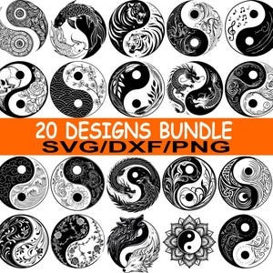 Puede incluir: Una colección de 20 diseños de Yin y Yang en blanco y negro. Cada diseño presenta ilustraciones únicas, incluyendo una calavera, un dragón, un tigre, una carpa koi y patrones florales. El texto "20 DESIGNS BUNDLE SVG/DXF/PNG" se muestra en un rectángulo naranja.