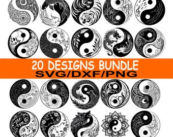 Pacote com 20 imagens Yin Yang em SVG, DXF e PNG, incluindo mandala floral com dragão, tigre, carpa, crânio e estilo Yin Yang. Arte de parede Zen Equilíbrio para corte a laser e Cricut.
