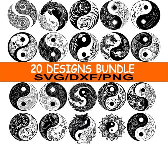Yin Yang Svg Dxf Png Bundle 20, Floral Dragon Tiger Koi Skull