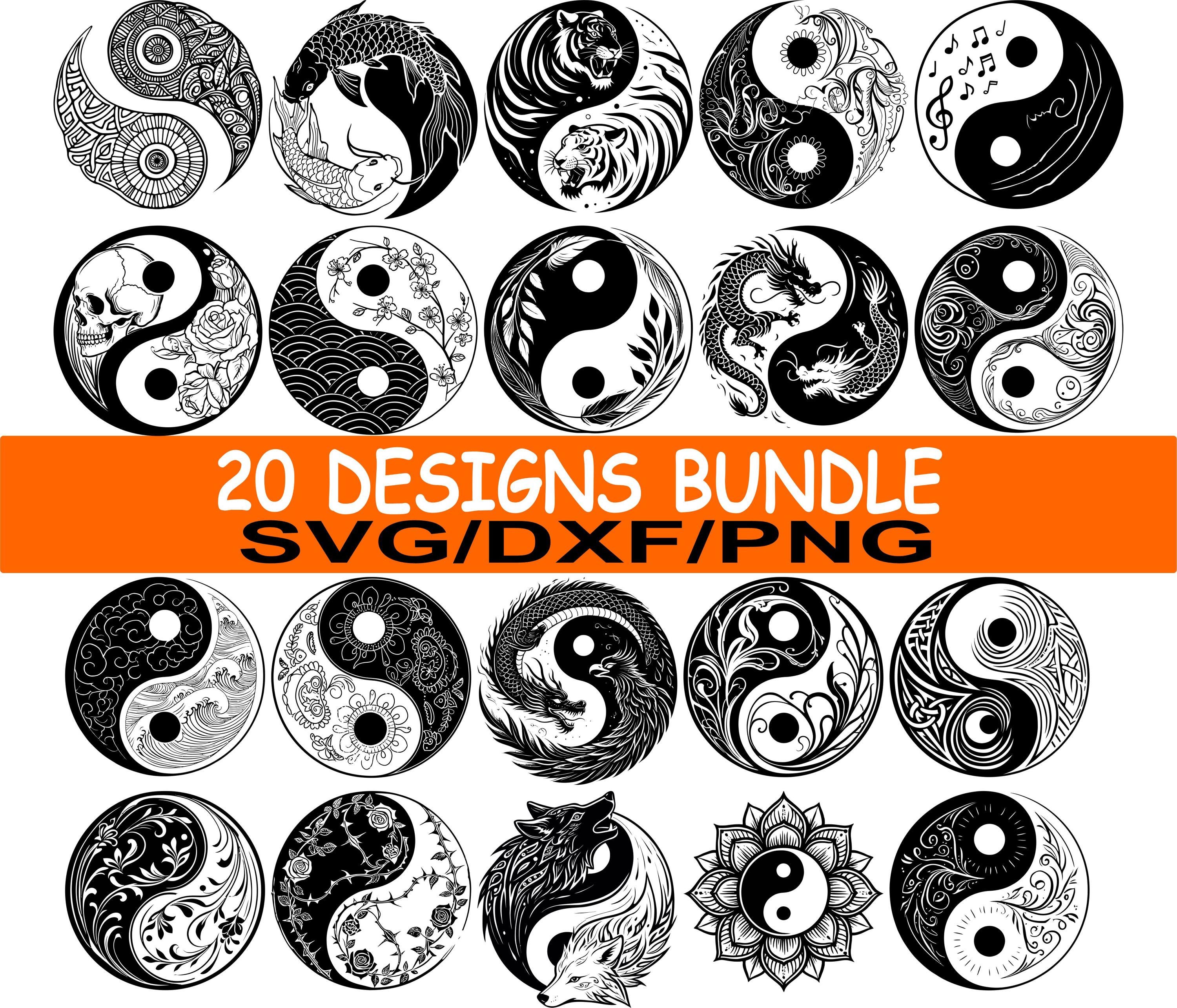 Yin Yang Svg Dxf Png Bundle 20, Floral Dragon Tiger Koi Skull
