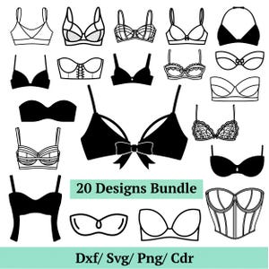 May include: A collection of 20 bra designs in black and white, including various styles such as balconette, bralette, and strapless. The image includes the text "20 Designs Bundle" and file type options.