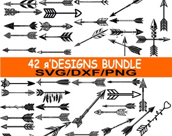 42 Tribal Arrow Svg Dxf Png Bundle, Boho Feather Clipart, Decorative Arrow Design For Cricut And Laser Cutting, Instant Download