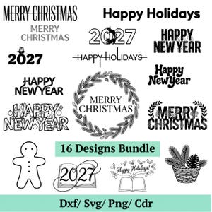 May include: A collection of 16 Christmas and New Year designs in black and white. The designs include text such as "Merry Christmas", "Happy Holidays", and "Happy New Year". Also included are a gingerbread man, a wreath, and a basket.
