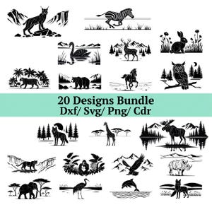 May include: A collection of 20 black and white animal designs, including a lynx, zebra, swan, deer, tiger, bear, horse, owl, wolf, giraffe, moose, gorilla, eagle, dolphin, and fox. The text "20 Designs Bundle Dxf/ Svg/ Png/ Cdr" is also included.