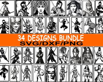 34 Warrior Women Svg Bundle / Female Samurai Ninja Gladiator Png / Fantasy Fighter Dxf / Battle Heroine Clipart / Instant Download / Laser