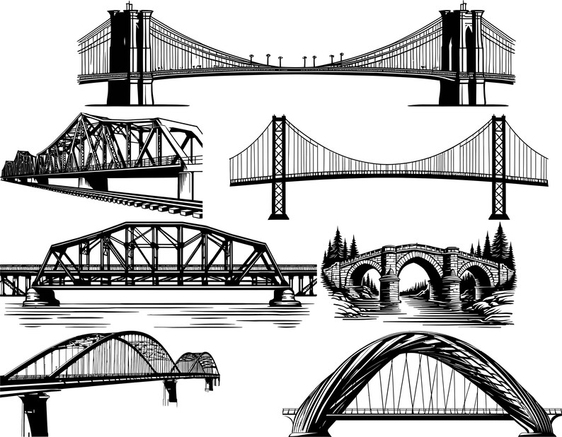 Bridge Svg Dxf Png Bundle 24, City Skyline Suspension and Stone Arch ...