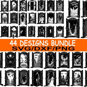 May include: A collection of 44 black and white designs featuring open window illustrations with various scenes. The designs include landscapes, fantasy elements, and abstract patterns. Text on an orange banner reads "44 DESIGNS BUNDLE SVG/DXF/PNG".