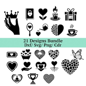 Puede incluir: Una colección de 21 diseños vectoriales en blanco y negro, que incluyen corazones, una corona, una mano, una vela, una caja de regalo, un espejo, una regadera, un cerebro, una taza de café, una batería, una bañera, un amanecer, un corazón con frutas, una mariposa, una persona meditando, un trofeo y un corazón con raíces. También se incluye el texto "21 Designs Bundle Dxf/ Svg/ Png/ Cdr".