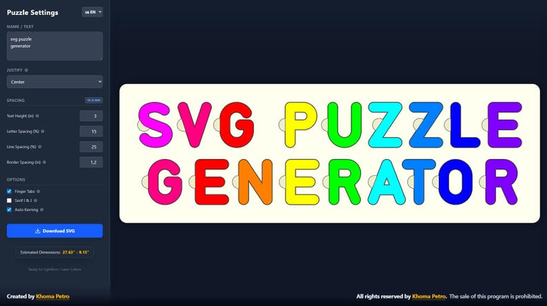 Puede incluir: Interfaz digital que muestra la configuraci&oacute;n del rompecabezas. Se muestra un rompecabezas colorido con el texto "SVG PUZZLE GENERATOR". La interfaz incluye opciones de altura de texto, espaciado y pesta&ntilde;as. Dimensiones estimadas: 65.25cm x 20.70cm.