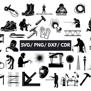 May include: Black and white illustrations of welding tools, equipment, and workers. Includes welding helmets, gloves, boots, and sparks. Text includes "I Melt Metal for a Living" and "Danger: Welder". Also includes "SVG/PNG/DXF/CDR".