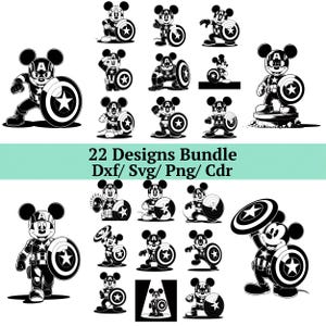 May include: A collection of 22 black and white designs featuring Mickey Mouse as Captain America, holding a shield with a star. The designs are available in DXF, SVG, PNG, and CDR formats. The text "22 Designs Bundle Dxf/ Svg/ Png/ Cdr" is also included.