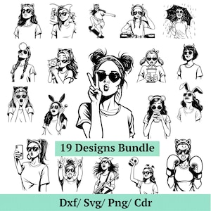 Cute Egirl SVG Bundle, 19 Cool Girl Clipart, Skater Girl Vector, Rocker Chick Silhouette, Pop Art Woman Glasses, Boba Tea Sign, Svg Png Dxf