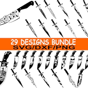 May include: A bundle of 29 black and white knife designs. The knives display diverse decorative motifs, such as floral patterns, landscapes, and geometric designs. The image includes the text "29 DESIGNS BUNDLE SVG/DXF/PNG".