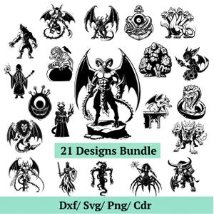 May include: A collection of 21 black and white fantasy creature designs, including demons, dragons, and monsters. The designs are in various poses and styles, with the text "21 Designs Bundle" and file type options: Dxf/ Svg/ Png/ Cdr.