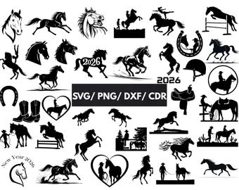 36 imágenes SVG de caballos / PNG de caballos / DXF de rodeo / CDR de caballos / SVG para camisetas de caballos / SVG de herraduras / Paquete de SVG de caballos / Caballos para Cricut / Silueta de caballo en SVG