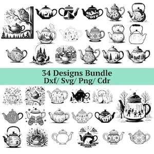 May include: A collection of 34 black and white teapot designs, each with unique illustrations. The designs include winter scenes, animals, and decorative patterns. The text "34 Designs Bundle Dxf/ Svg/ Png/ Cdr" is also included.