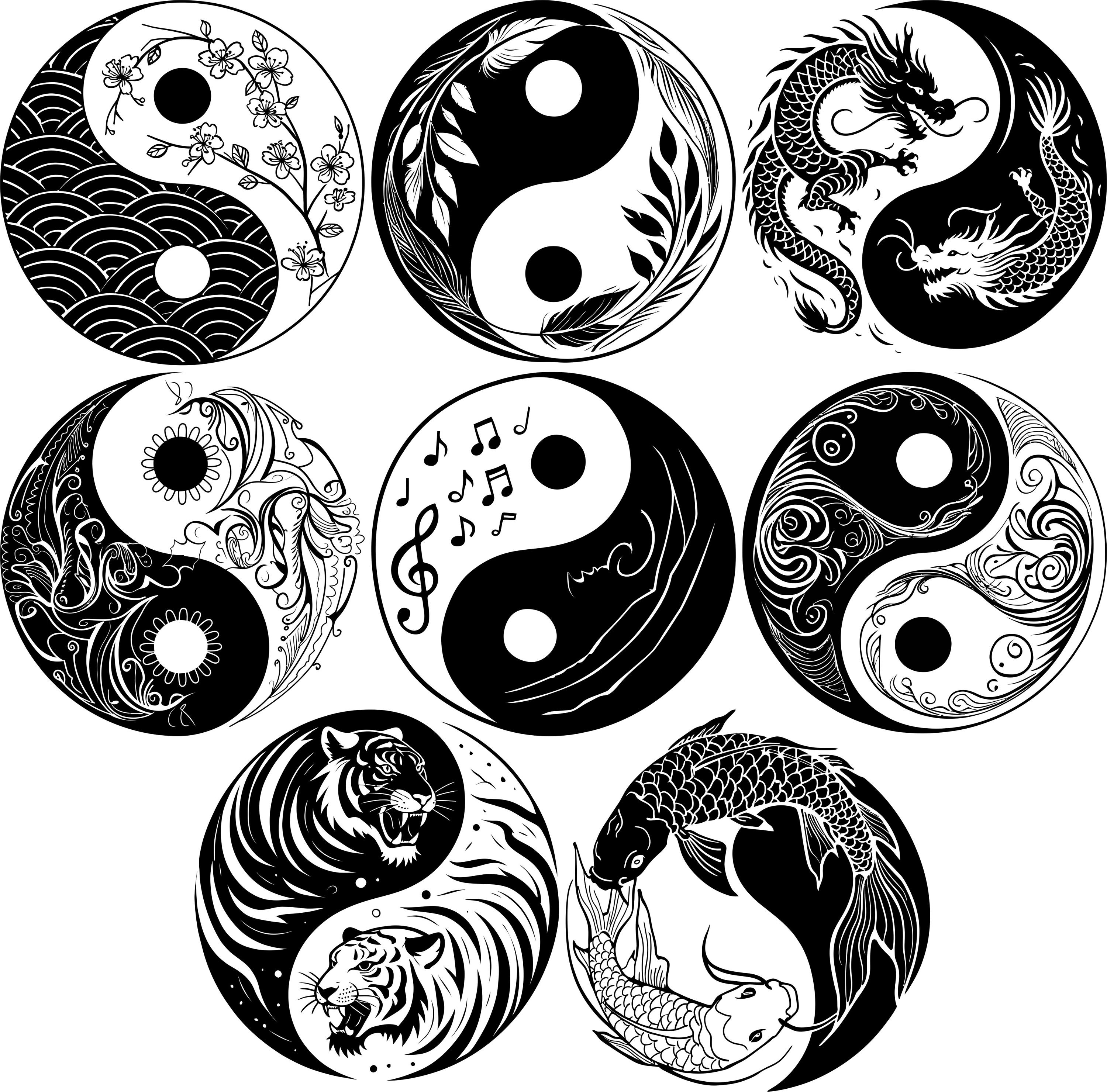 Yin Yang Svg Dxf Png Bundle 20, Floral Dragon Tiger Koi Skull