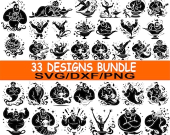 Paquete de 33 Genio Mágico SVG / Genio Divertido en Lámpara Png / Espíritu de Dibujos Animados DXF / Clipart de Las Mil y Una Noches / Descarga Instantánea