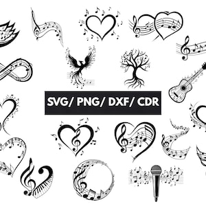 May include: A collection of black and white musical designs, including a swan, treble clef, hearts, infinity symbol, phoenix, tree, guitar, and microphone. The text "SVG / PNG / DXF / CDR" is also present.