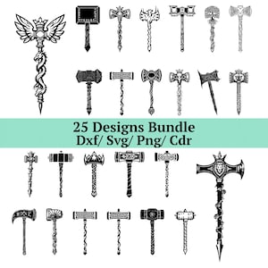 Könnte beinhalten: Eine Sammlung von 25 schwarz-weißen Hammerdesigns. Die Hämmer weisen verschiedene dekorative Elemente auf, darunter Flügel, Kronen und aufwendige Muster. Der Text "25 Designs Bundle Dxf/ Svg/ Png/ Cdr" ist darunter zu sehen.